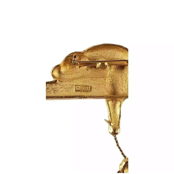 VTG JJ Kitty Cat & Mouse Brooch Signed Pin Dangle Gold Tone Costume Jewelry - Picture 7 of 7